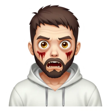 zombie with shocked expression, undercut hairstyle with dark brown hair, short full beard, wearing plain white hoodie sticker