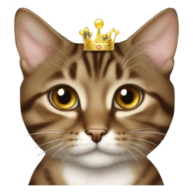 hazel eyed brown Tabby mixed cat wearing a gold princess crown sticker