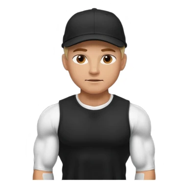 An arrogant guy in a black t-shirt, he is muscled and has a cap  sticker