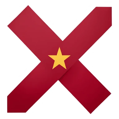 Bandera rectangular con fondo blanco liso. En el centro, una cruz de Borgoña en forma de aspa diagonal, hecha de dos ramas desgajadas con nudos y bordes irregulares. Color rojo oscuro intenso. Estilo plano y heráldico, sin sombras, sin texturas, sin texto ni elementos adicionales. sticker