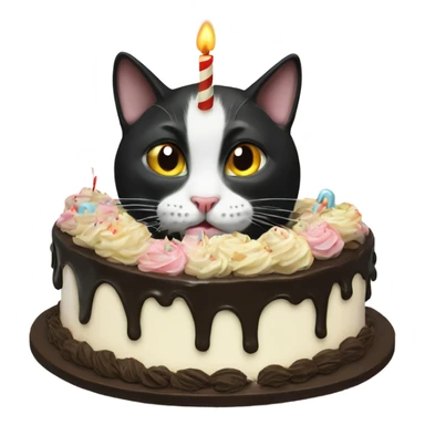 Tuxedo cat blowing out a birthday cake sticker