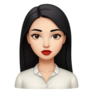 Young fuller-figured woman with oval face, high cheekbones, brown skin, dark brown eyes, thick eyebrows, red lipstick, long straight black hair, slightly plump, wearing a white blouse sticker