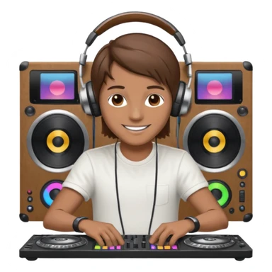 White dj mixing with dj booth, headphone on head, no cap, not bald, brown hair  sticker