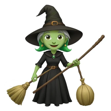 Traditional old witch, green skin, big nose, black dress, riding a broom emoji sticker