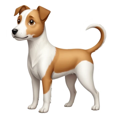 a full body large white parson russell terrier looking dog the size of a kelpie with light brown long ears and a light brown patch on one eye and a large snout sticker
