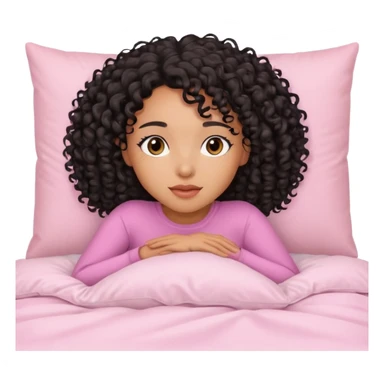 Mixed-race woman with caramel skin and black curly hair, lying on a white bed with pastel pink pillows, peaceful expression sticker