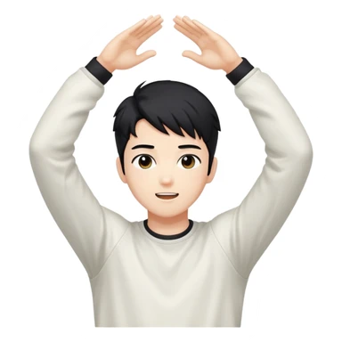 Black-haired male idol with arms raised above his head, K-pop style, energetic pose sticker