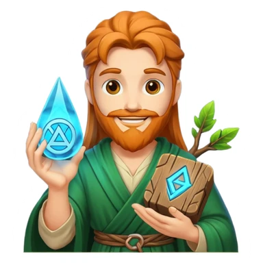 druid character satisfied smile holding glowing rune sticker