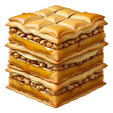 Cinematic Realistic Baklava Dessert Emoji, depicted as layers of flaky pastry with honey and nuts rendered with rich textures and warm, inviting lighting. sticker