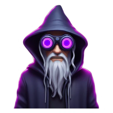 Gandalf wearing a black hoodie with "OMG" letters on it and VR headset in a cyberpunk VR environment with violet neon lighting. sticker