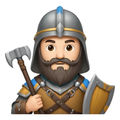 gimli lord of the rings with dark brown beard holding ax and a gray metal helmet sticker