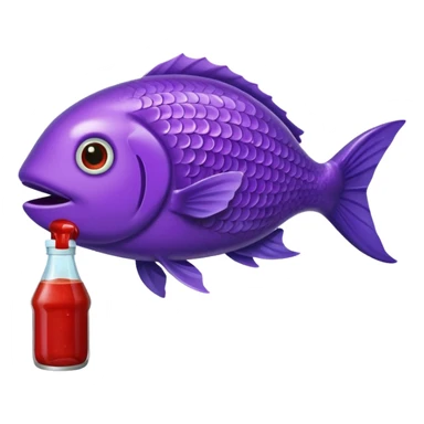 A purple fish holding a bottle of ketchup sticker