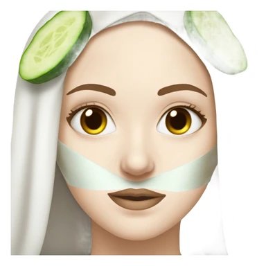 White girl with Brown hair and blue eyes wears a Green clay colored skincare textured mask and puts on cucumbers around her eyes while She relaxes in her white Robe sticker