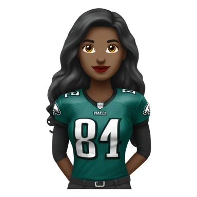 White female long dark hair red lips wearing Philadelphia Eagles jersey sticker