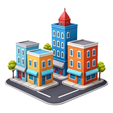 mini diorama of a classic city street corner with small buildings and road sticker