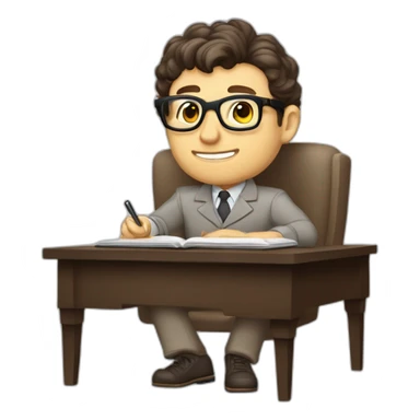 Pale skinned Fit Man With dark brown hair in gray jacket, beige office shirt, Brown pants and vintage glasses sitting In a soft chair with a notebook on spring with emblem Ψ and a pen sticker