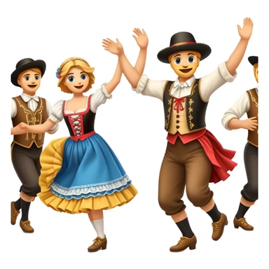 Cinematic Realistic Schuhplattler Dance Emoji, depicted as a lively traditional folk dance scene with performers in authentic Bavarian costumes, rendered with dynamic textures and festive natural lighting that captures the spirit of rural celebration. sticker