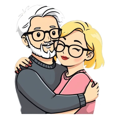 Hyper realistic couple in love, man had greying salt and pepper hair and a shprt beard. The lady is blonde and curvy and wears glasses and makeup sticker