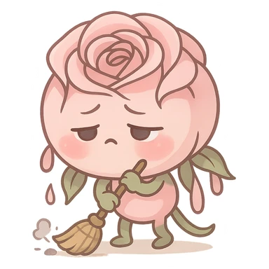 soft pink rose flower, chibi round shape, puffed cheeks, exhausted eyes, drooping petals, sweeping the floor, pastel tones, full-body sticker