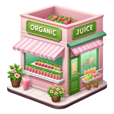 Organic juice shop, light pink and green and decorated with lots of florals, isometric sticker
