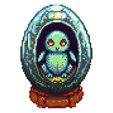 a tiny fetal shape inside of a large glass egg, alien embryo, eerie, tiny glowing eyes sticker