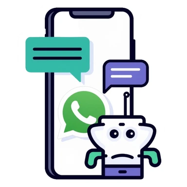 iPhone displaying WhatsApp interface with chat bubbles and a robot icon representing AI bot conversation sticker