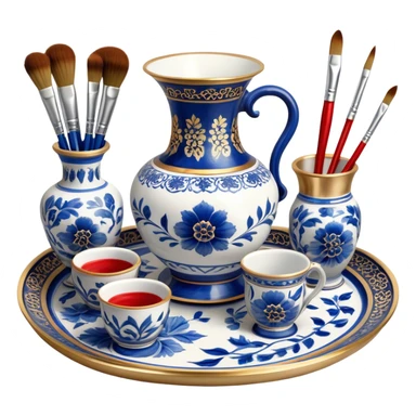 Metal painting icon, a metal vase, tray and metal cup with brushes, each decorated with different techniques: Gzhel-style blue floral patterns, Chinese red and gold designs, and intricate Golden embroidery-style details. Visible fine paintbrush, paint pots, and accessories like porcelain palette, minimalistic style, clean lines, transparent background. sticker