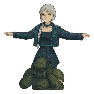  young woman with gold yellow eyes, white hair, long braid, black off-shoulder top, punk gothic style, futuristic cyberwave cyberpunk,, she is calmly t-posing above a cowering doomguy sticker