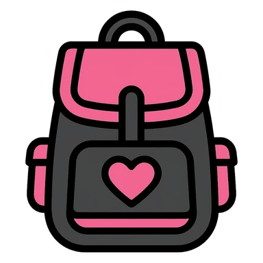 pink and black gothic backpack, modern, clean lines, minimalistic, with a heart accent sticker
