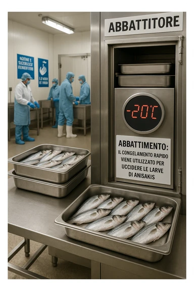 a fish processing facility where freshly caught fish are placed on trays and moved into a large industrial freezer. A temperature gauge shows -20°C, and an educational label explains that rapid freezing (abbattimento) is used to kill Anisakis larvae. The background includes workers in protective clothing and clear signage about food safety. in italiano sticker