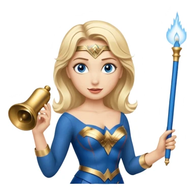 Blonde blue eyes Wonder Woman holding bell and short white orchestra conductor’s baton  sticker