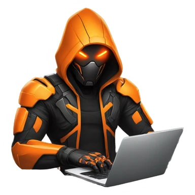  developer behind his laptop with this style : crysis Cyberpunk Valorant orange glowing bright orange character orange black hooded assassin themed character sticker
