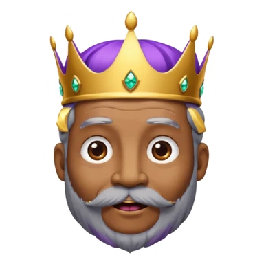 Create a cartoon-style emoji of Baltasar, one of the Three Wise Men. Only show his face and crown. He is older, with a black beard showing streaks of gray, joyful wrinkles, and a purple and gold jeweled crown. Express warmth and wisdom. Colorful and simple, suitable as an emoji. sticker