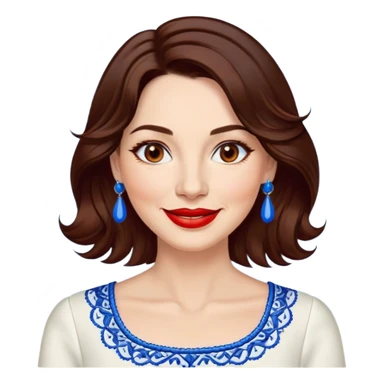 Woman in her 40s with clear skin, round face, wide friendly smile, big light brown eyes, vibrant red lipstick, shoulder-length wavy dark brown hair, white top with blue embroidery and electric blue neckline, mature elegant look sticker