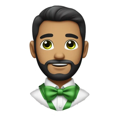 Young round face handsome man with bow tie and green eyes and full beard, black hair , bushy eye brows ballon face hair on forehead  sticker