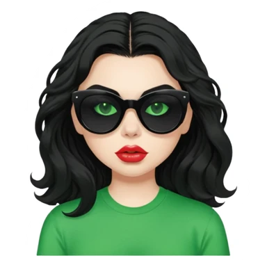 current charli xcx with her long black wavy hair, thick black out sunglasses, pale skin, closed pouting lips, and a bright green top that said brat in the brat font. sticker