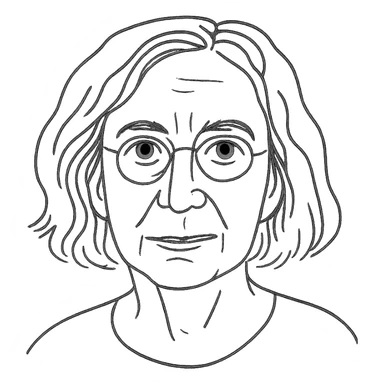 a hand drawn black outline portrait of philosopher Catherine Larrère with similar-sized eyes based a famous portrait of her sticker