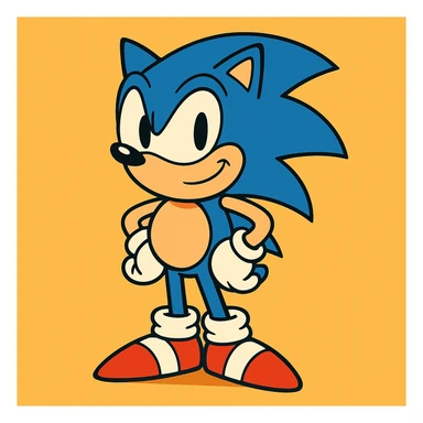 Sonic the Hedgehog, standing with a confident smile, red shoes, cartoon style sticker