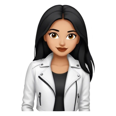 beautiful fit woman, with long straight black hair, with make up, black eye liner, smile mooth close, mexican, brown skin, wearing casual white outfit and leather black jacket, flirting sticker