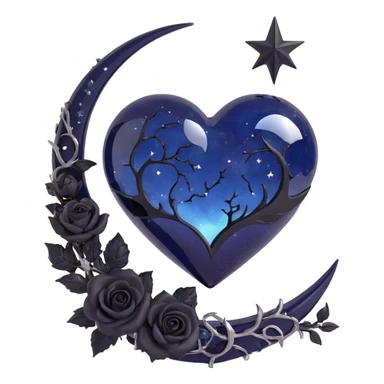 gothic heart, midnight blue glass, silver crescent moon, black roses, stardust, lightning, rain, cracked glass, minimal style sticker
