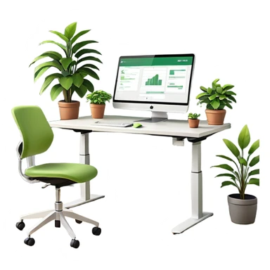 An ergonomic office setup with a height-adjustable desk and a large flat monitor on top. Next to it, a modern ergonomic swivel chair with supportive backrest, and a small potted plant placed on the desk or floor to add a healthy touch sticker