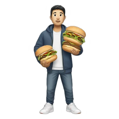 an asian man holding two burgers wearing sneakers sticker