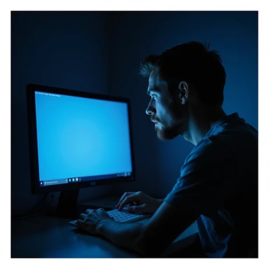 hyperrealistic 4K image of a man searching for symptom information on a computer, worried face, blue screen light, dark room sticker