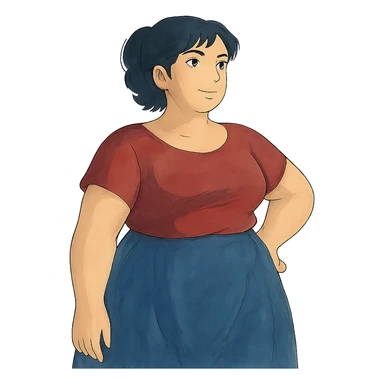 ghibli style soft and artistic illustration of a confident woman with a curvy figure sticker