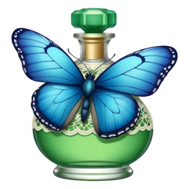 small blue butterfly sitting on the rim of a lace-edged green perfume bottle sticker