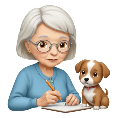 An elderly woman sketching her puppy face. sticker