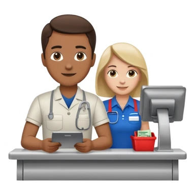 Supermarket employee at a cash register, full body, serving a man sticker