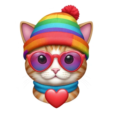 cat wearing a rainbow beanie and heart-shaped sunglasses sticker