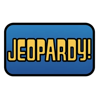 Jeopardy logo, classic TV game show look, blue gradient with gold accents, simple icon style sticker