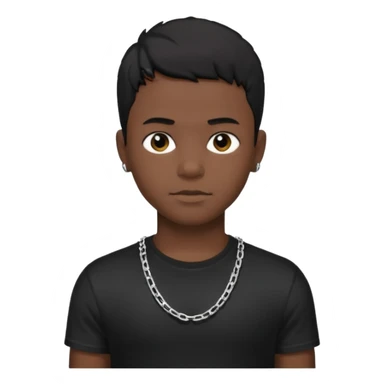 Generate a emoji of a black boy wearing a black compressed T-shirt with short black hair and make him wearing a silver chain and make the chain thin sticker